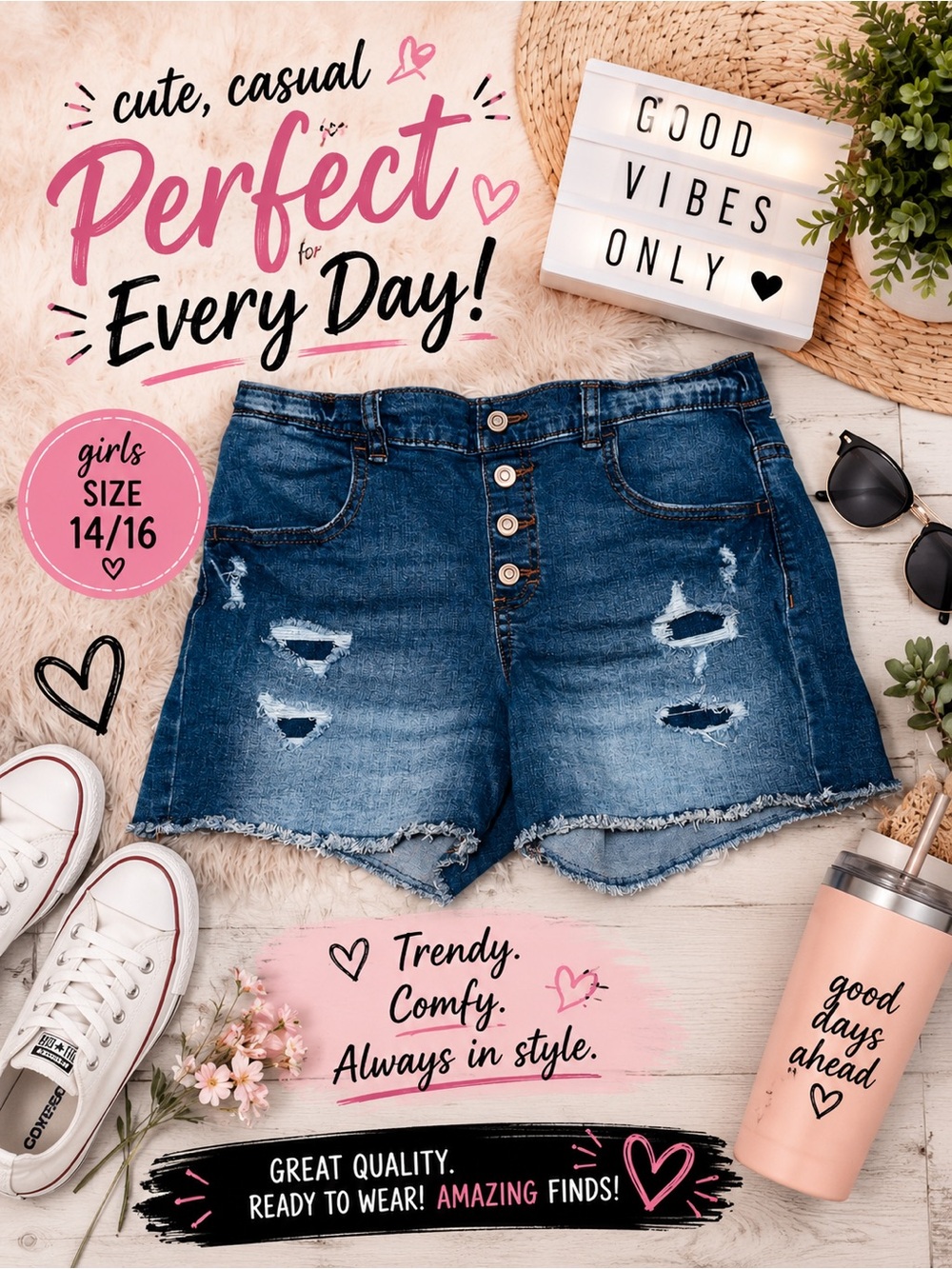 Girls' Distressed Denim Shorts - Blue